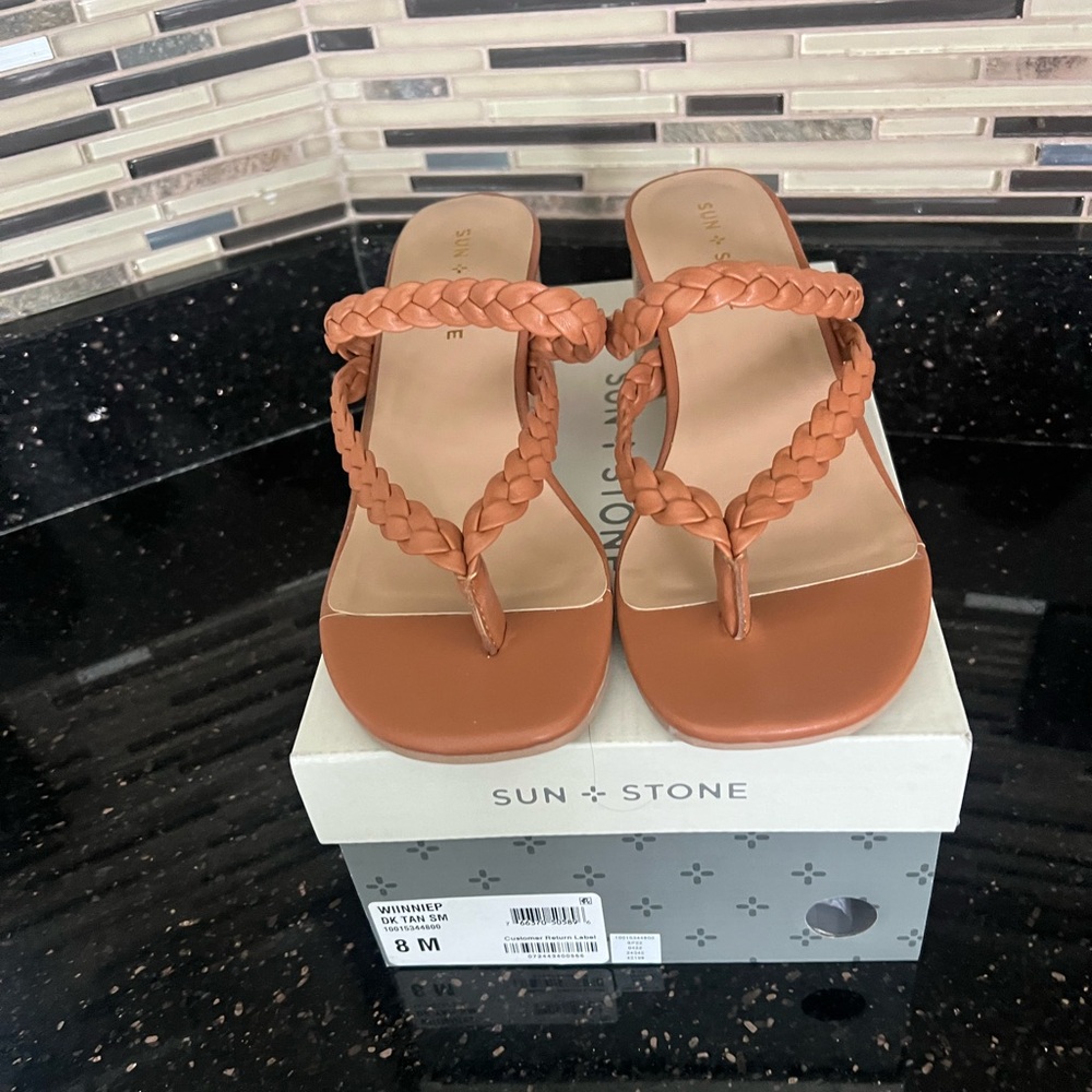 Sun + Stone Tan Braided Sandals with Toe Post